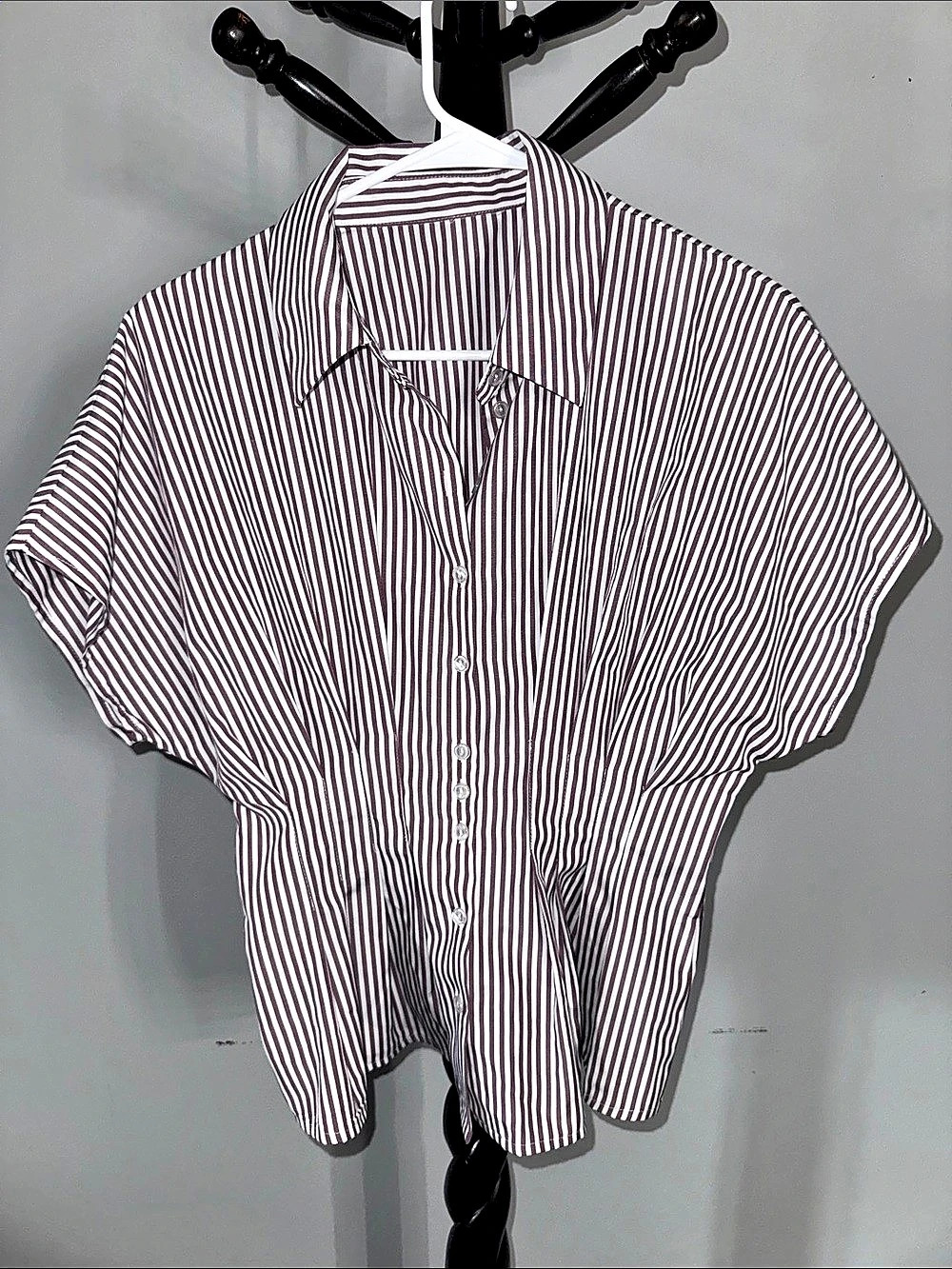 Tankaneo Womens Striped Peplum Button Down Shirts Short Sleeve Pleated Tops 22.1